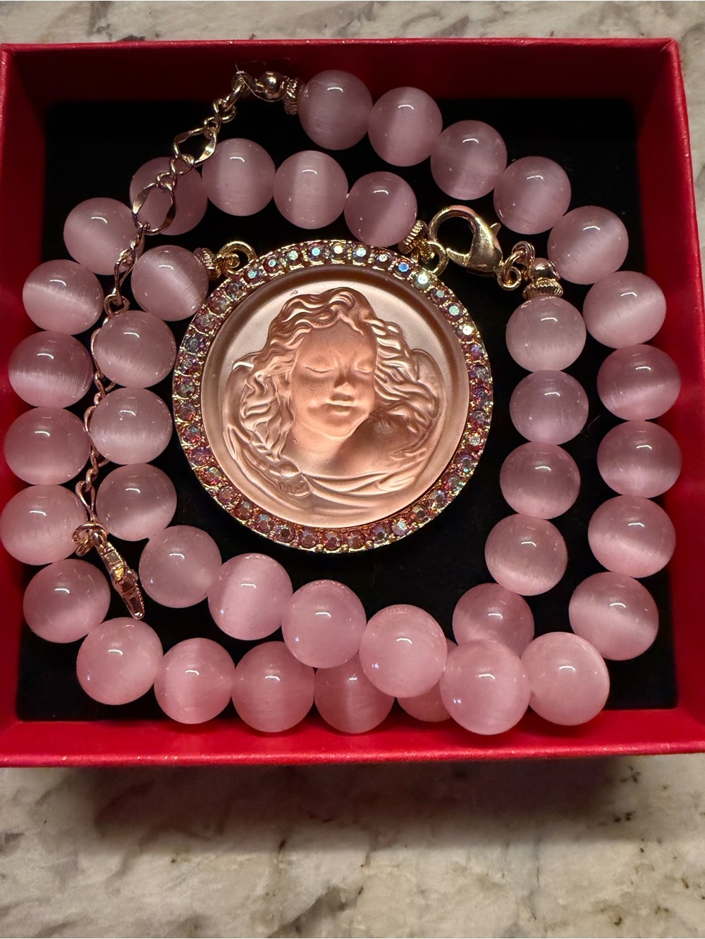 Kirks Folly Pink Beaded Necklace with Cameo Medallion